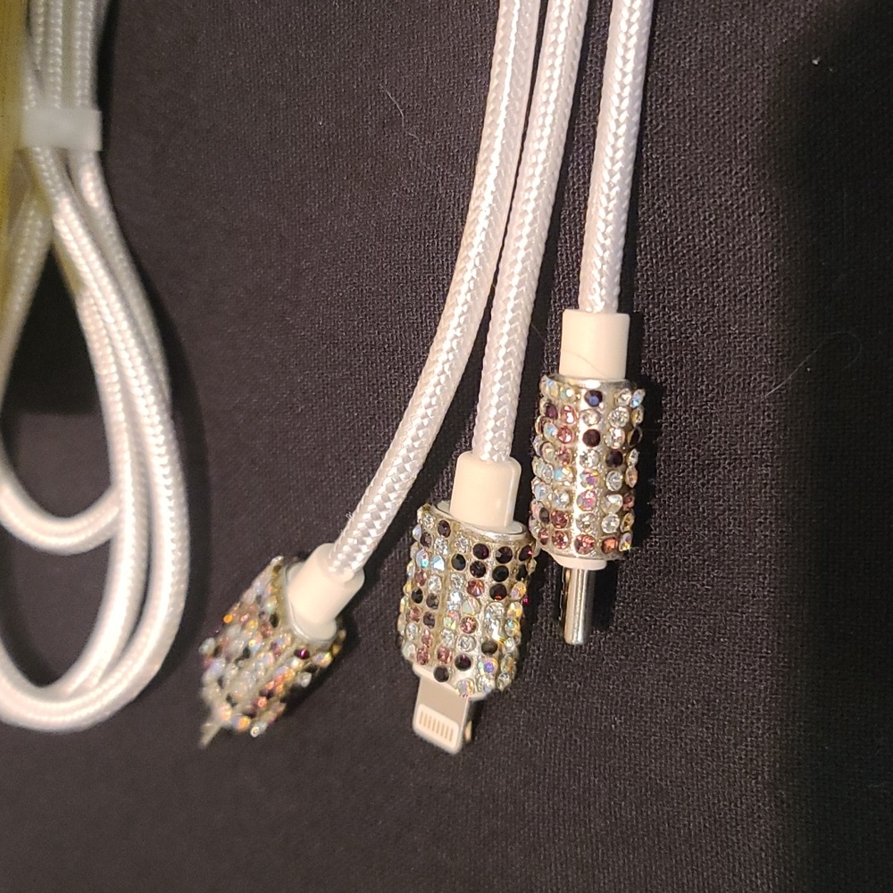 Cell Car Charger system- Rhinestone white cord - Iphone, USB A, USB C & Android